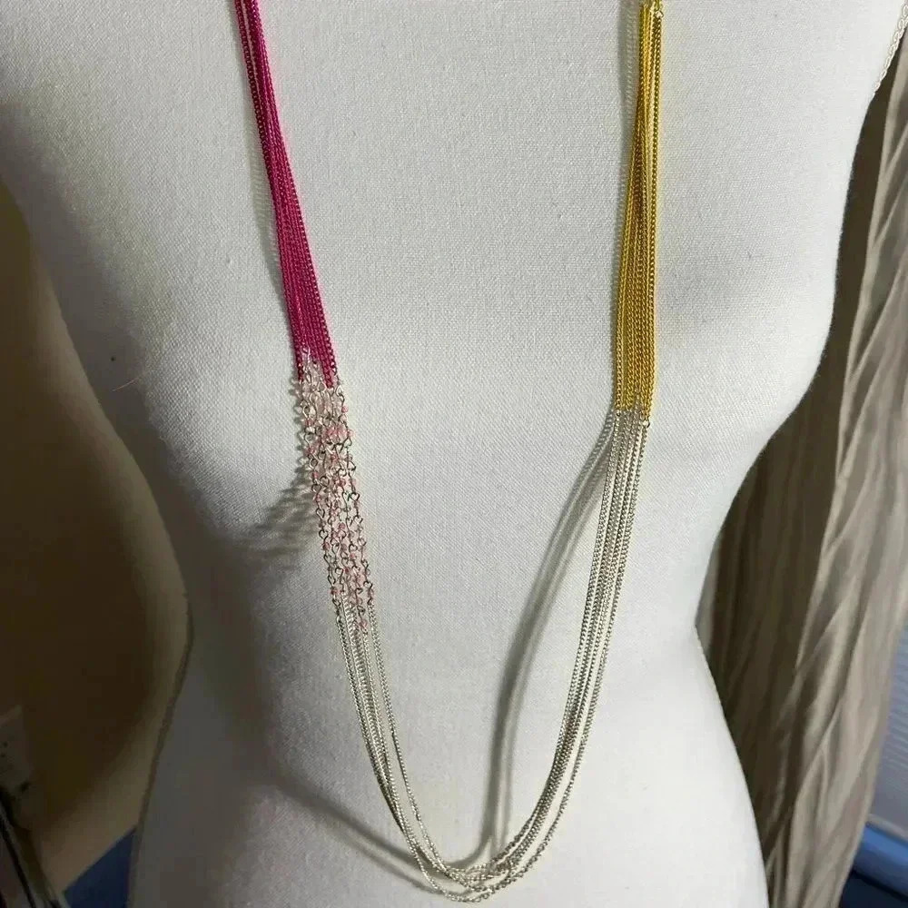 Long pink and yellow silver tone necklace - Picture 2 of 11